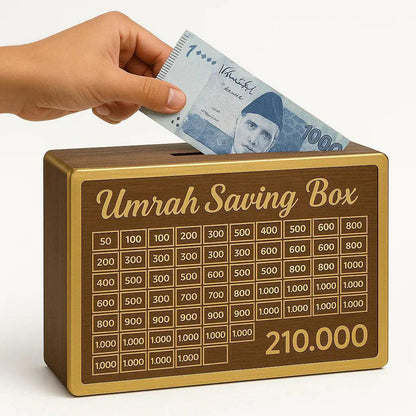 Wooden Umrah Saving Box - Save 210,000 Smartly for Your Umrah Journey